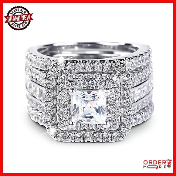 Sterling Silver Princess Cut Diamond Ring Set 3 PC Enhancer Wedding
